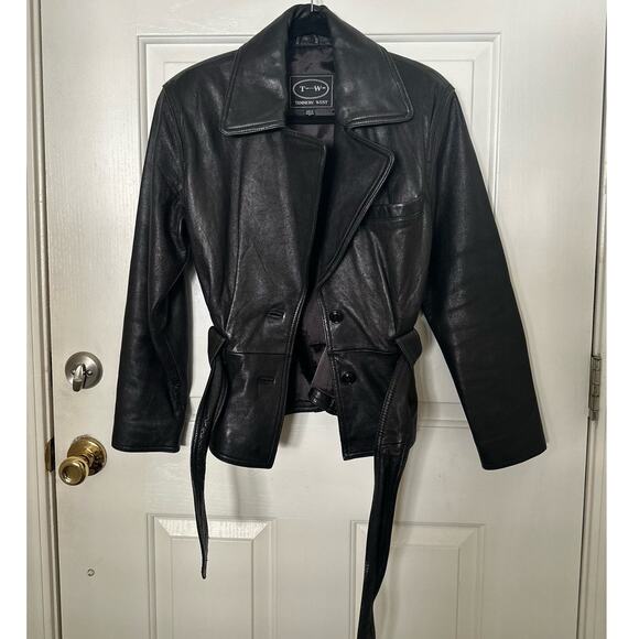 Tannery West Leather Jacket Vintage Moto Biker Belted Coat Black Women's S - Picture 4 of 8